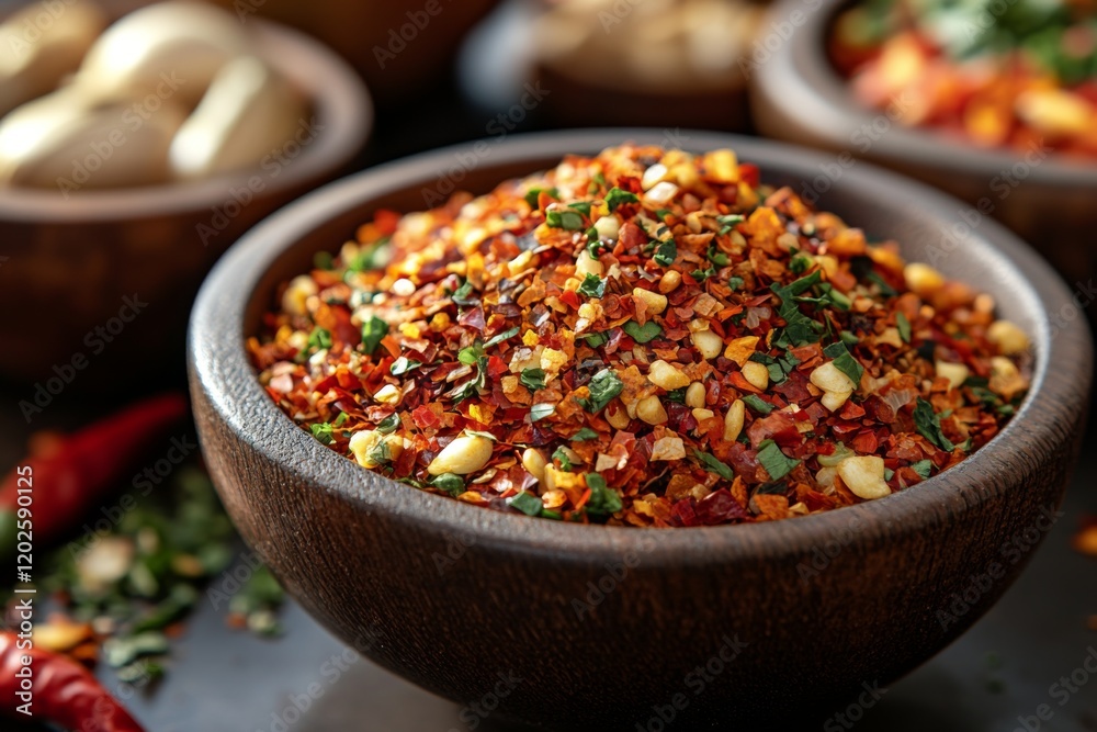 Spice blend in a wooden bowl with a colorful and textured background Spice blend in a wooden bowl with a colorful and textured background