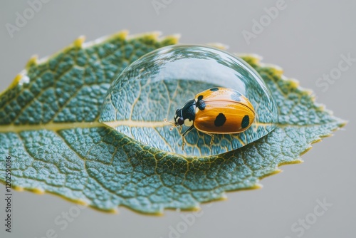 Green leaf with water droplets and an orange ladybug photo