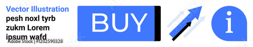 Blue buy button, upward-pointing analytics arrow, information icon, and textual elements in placeholder language. Ideal for e-commerce, online shopping, digital marketing, sales analytics, web