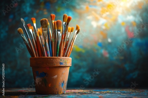 Wooden pot filled with artist paintbrushes in natural sunlight