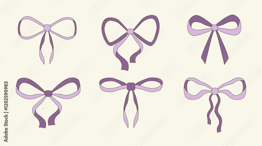 Set of violet bows icons. Design elements for presents. Vector illustration. Set of violet bows icons. Design elements for presents. Vector illustration.