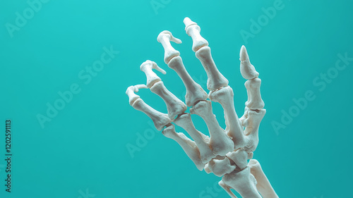 Skeleton hand bones against a turquoise background photo