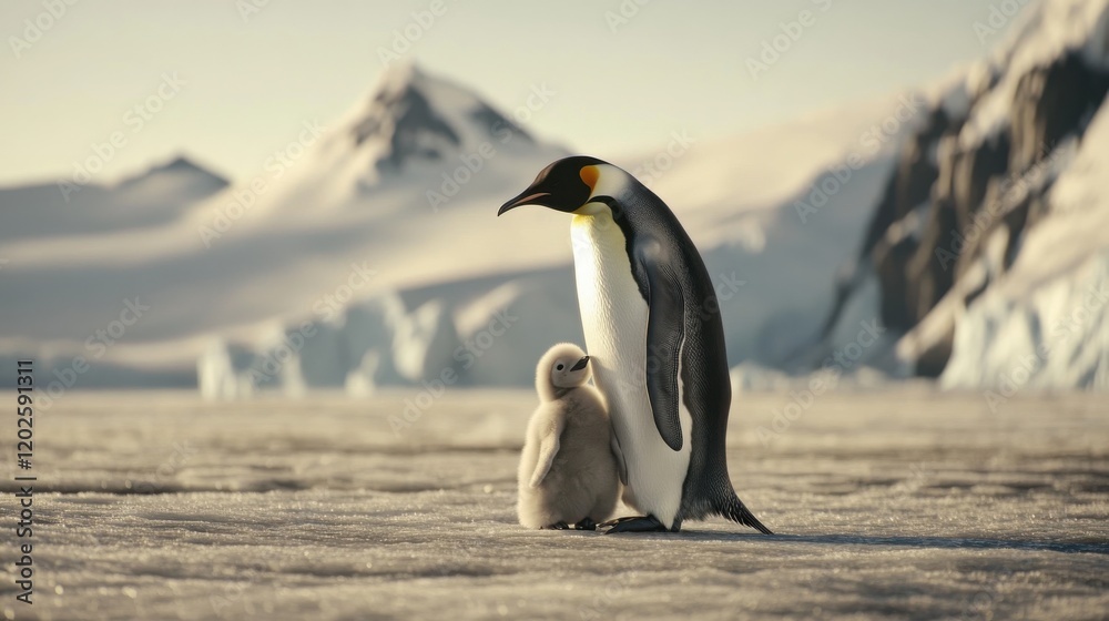 Fototapeta premium An endearing moment captured between a penguin adult and its chick in a breathtaking frozen landscape, highlighting the nurturing bond and resilience of nature's creatures.