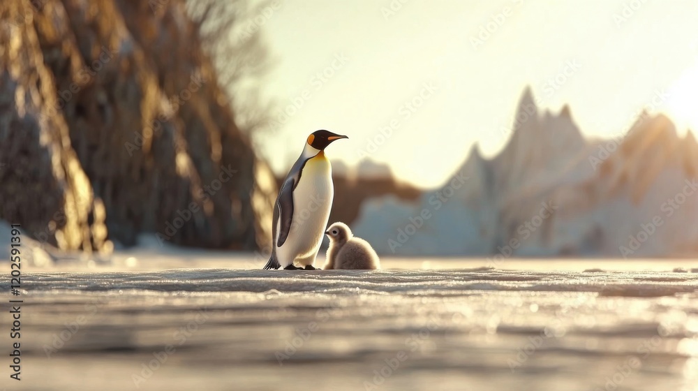 Fototapeta premium A stunning visual of an Emperor Penguin and its chick on a glistening icy terrain, highlighting the warmth of familial bonds against the cold Antarctic backdrop.