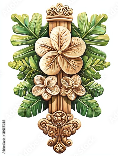 Elegant composition of Hawaiian royal crest, lei hulu, koa wood elements, traditional symbols, detailed artistic style, isolated on white background photo