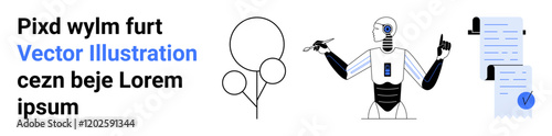 Futuristic robot holding a drone, displaying documents. Ideal for artificial intelligence, technology blogs, educational materials, innovation presentations, robotic workshops, tech conferences