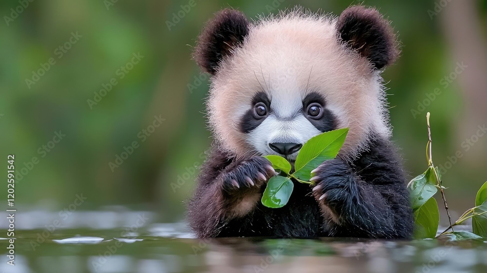 Obraz premium Adorable baby giant panda cub sitting in water and eating green leaves in a lush forest.