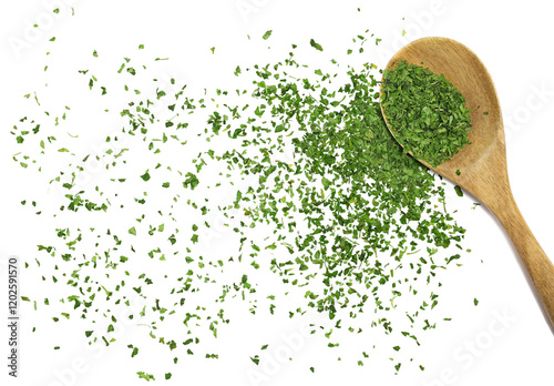 Fototapeta Naklejka Na Ścianę i Meble -  Chopped dry parsley leaves, pile in wooden spoon flying, isolated on white, clipping