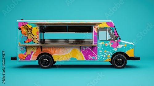 Vibrantly designed food truck with colorful graphics and open window photo