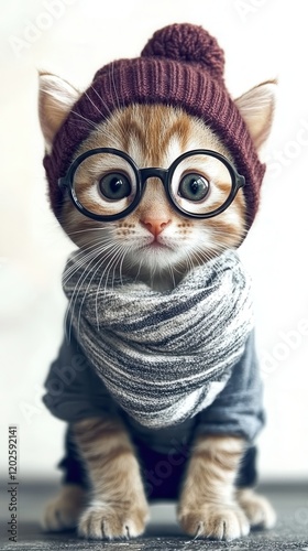 This adorable kitty, dressed in a beanie and glasses, exudes charm and style, showcasing the playful blend of fashion and feline whimsy in a cozy setting. A must-see! photo