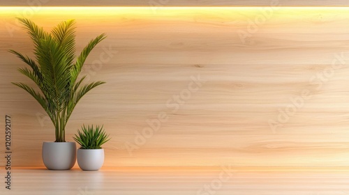 Minimalist wooden wall interior, plants, shelf, home decor