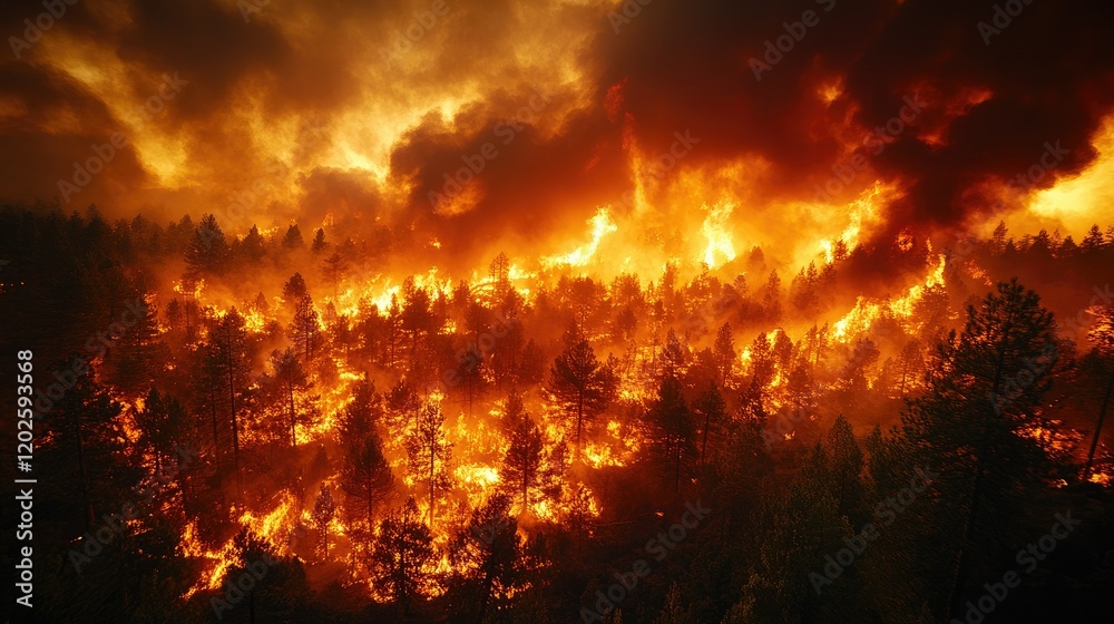 A dramatic wildfire consuming a forest, showcasing the intensity of flames and smoke. A dramatic wildfire consuming a forest, showcasing the intensity of flames and smoke.