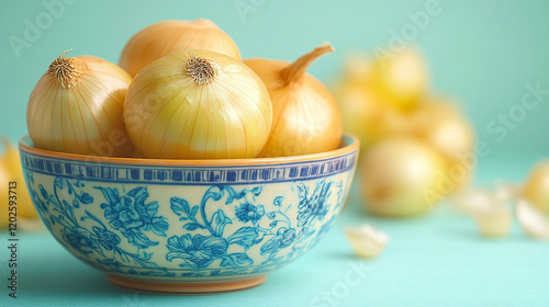 Yellow onion in a simple bowl symbolizing humility and unity represents natural flavor and nourishment modern blurred background enhances focus on the onion with minimalist caption space evoking simpl photo