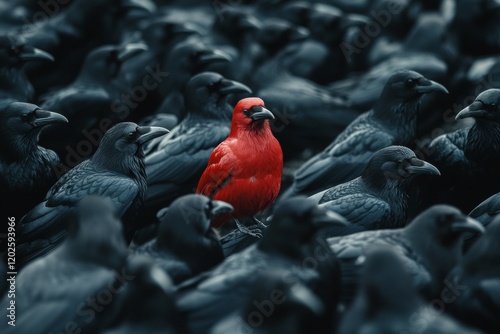 A striking red crow distinguishing itself amidst a flock of black crows  embracing uniqueness photo