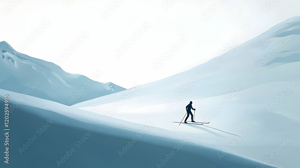 Skiing alone on pristine snow-covered mountains during a clear day in winter