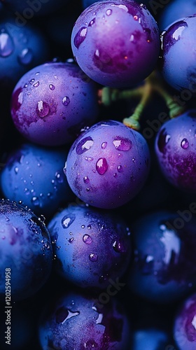 Close-up purple grapes, water droplets, food photography, still life, healthy snack, versatile, stock photo