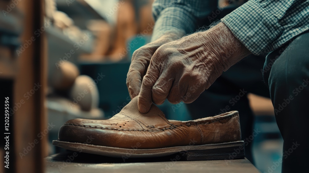 Shoemaker carefully sanding the edges of a leather shoe sole Shoemaker carefully sanding the edges of a leather shoe sole