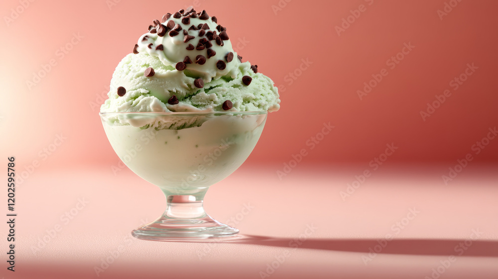 Mint chocolate chip ice cream in a glass bowl. Mint chocolate chip ice cream in a glass bowl.