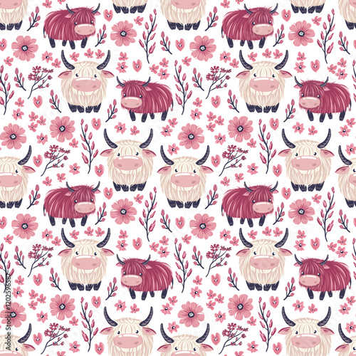 Seamless bulls, cows pattern. pink flowers, branches, pastel universal elegant decorative modern rustic countryside repeat, charming gentle stylish cozy soft bright minimal natural aesthetic