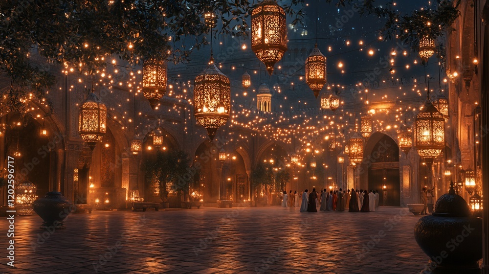 A gathering in a courtyard lit by many ornate lanterns and string lights at night A gathering in a courtyard lit by many ornate lanterns and string lights at night