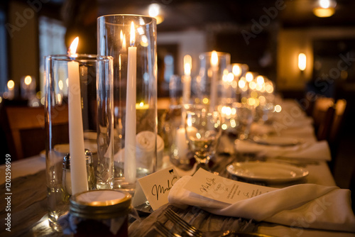 Obraz na płótnie Elegant candlelit banquet hall decorated for a wedding reception