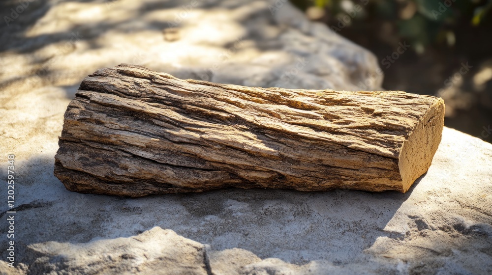 Rustic log garden decor, outdoor setting, sunlight, stone background, product photography