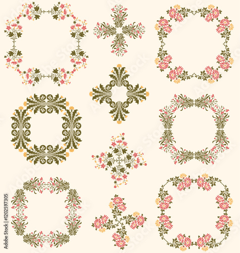 A set of vintage retro decorative floral leafy wildflower border designs. 