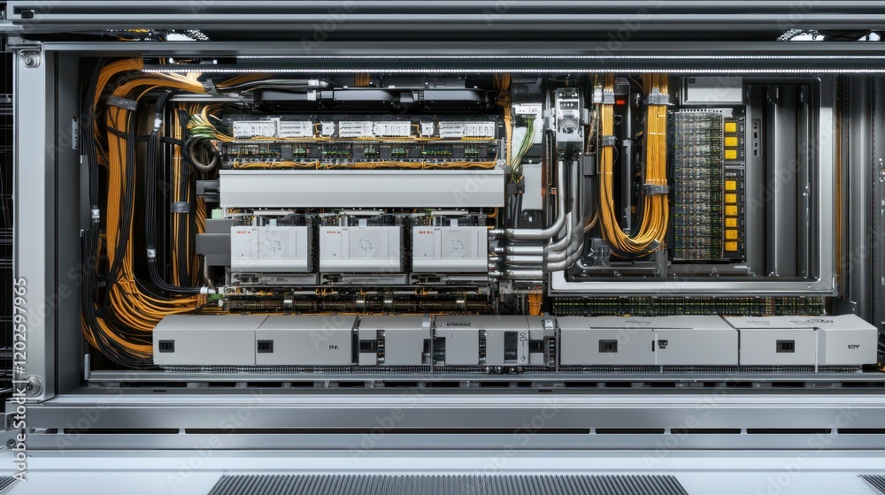 Obraz premium Open electric vehicle battery pack, showcasing internal components, wires, and connections, in a factory setting, for engineering or technical use