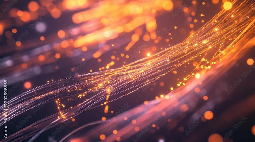 Fototapeta premium Glowing digital streams flow, dark background, bokeh, abstract art, website design