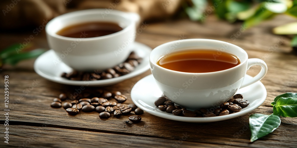 Coffee cups on wooden table with beans Coffee cups on wooden table with beans
