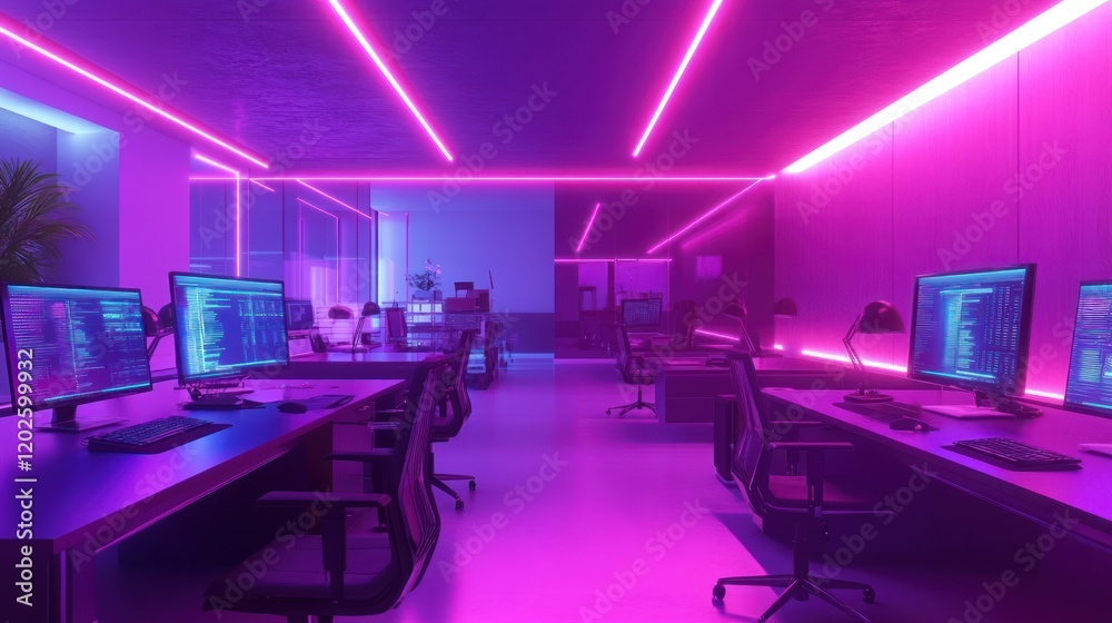 Neon-lit office, programmers coding, night, futuristic workspace, tech Neon-lit office, programmers coding, night, futuristic workspace, tech