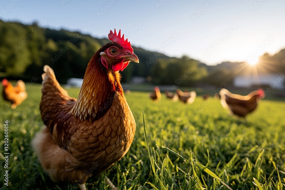 Fototapeta premium Hen grazing pasture sunset farm rural. Food production image