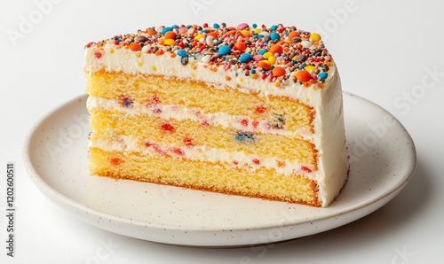 Colorful birthday cake slice on plate, studio shot.  Possible use for birthday cards, social media, etc photo