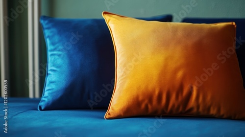 Blue velvet couch, orange and blue pillows, home decor, interior design photo