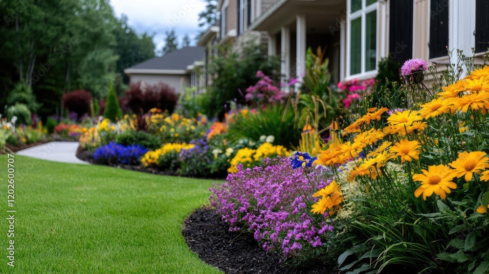 Obraz premium Colorful flower garden before suburban house