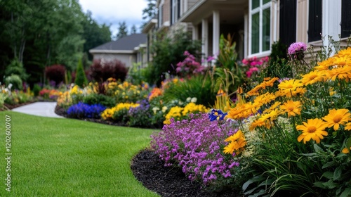 Wallpaper Mural Colorful flower garden before suburban house Torontodigital.ca