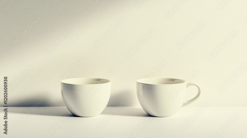 Two white mugs, studio, sunlight, minimalist, mockup Two white mugs, studio, sunlight, minimalist, mockup