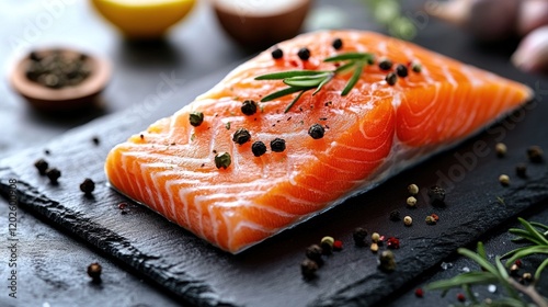 Fresh salmon fillet, rosemary, pepper, kitchen prep, cooking photo