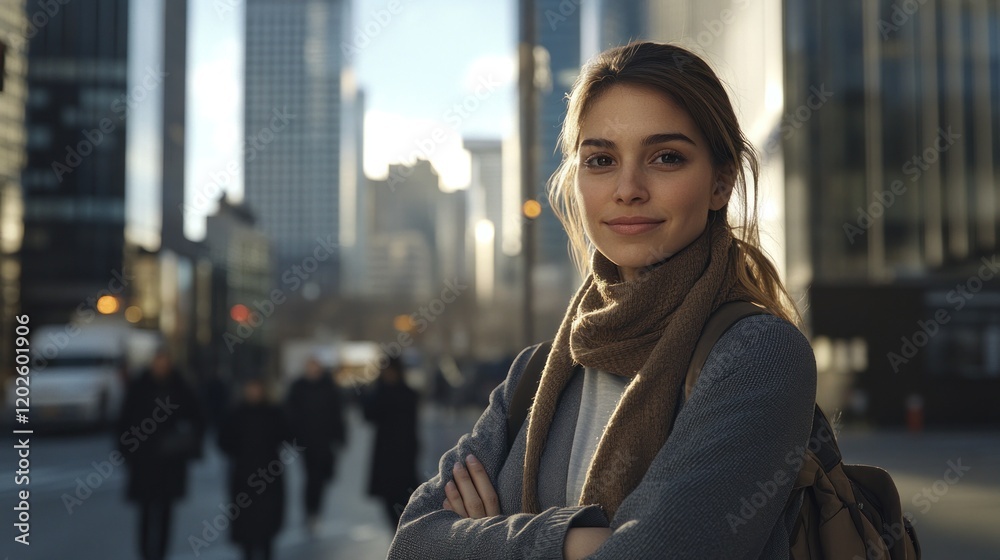Confident woman, city street, winter, sunrise, New York Confident woman, city street, winter, sunrise, New York