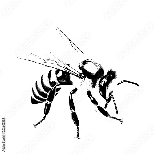 Black and white illustration of a bee emphasizing its intricate details and natural beauty