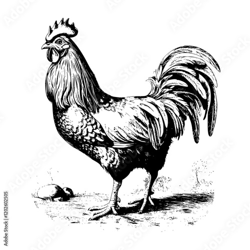 Majestic rooster stands proudly in an idyllic farm setting, showcasing its vibrant plumage and striking silhouette at dawn