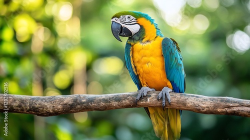 Colorful macaw perched on branch in jungle