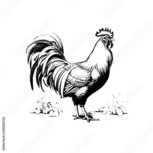 Elegant black and white illustration of a proud rooster standing amidst delicate floral details
