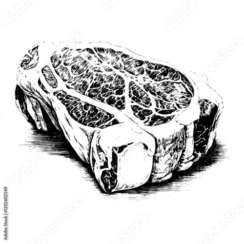 Intricate illustration of a raw steak showcasing marbling and texture in a monochromatic style