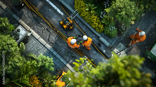Engineers working on fiber optic installation in vibrant urban setting