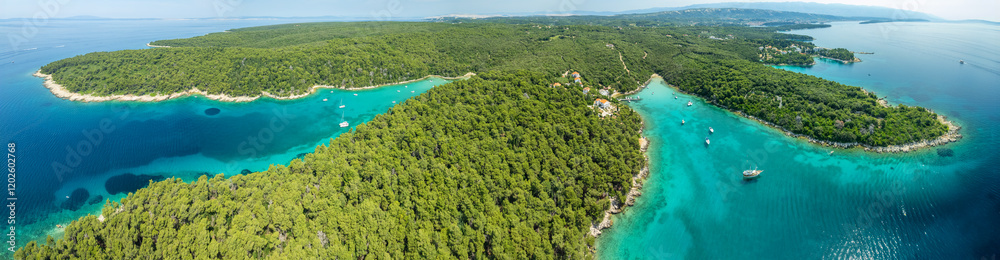 Aerial view of Rab Island beautiful coast in Dalmatia region of Croatia.