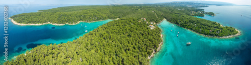 Obraz na płótnie Aerial view of Rab Island beautiful coast in Dalmatia region of Croatia. w salonie