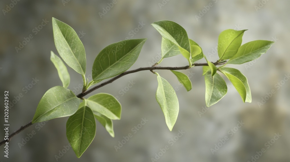 Spring branch, fresh leaves, grey background, growth, nature Spring branch, fresh leaves, grey background, growth, nature