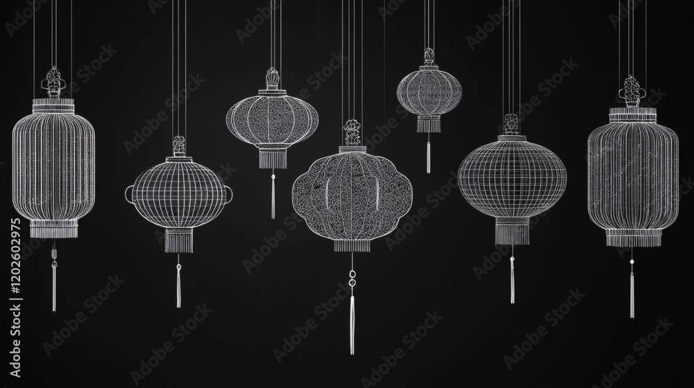 Elegant Collection of Wireframe Chinese Lanterns Hanging Against a Black Background Elegant Collection of Wireframe Chinese Lanterns Hanging Against a Black Background