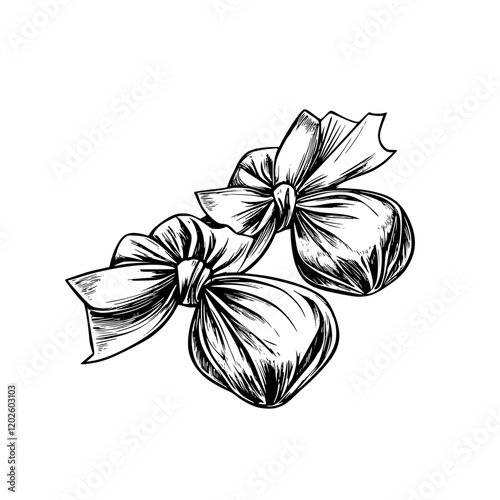 Delicate hand-drawn dumplings tied with ribbons resting on a wooden table, celebrating culinary artistry and tradition